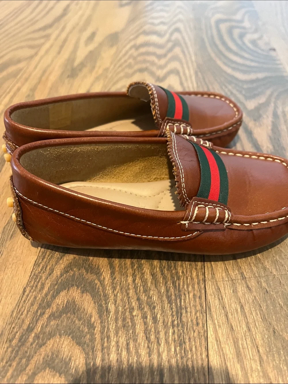 Brown Leather Kids Loafers with Green & Red Stripe